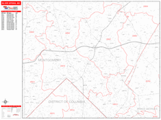 Silver Spring Wall Map Zip Code Red Line Style 2024